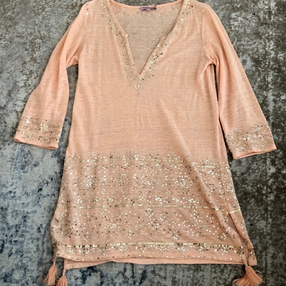 Calypso Linen Embellished Jewel Tunic Peach